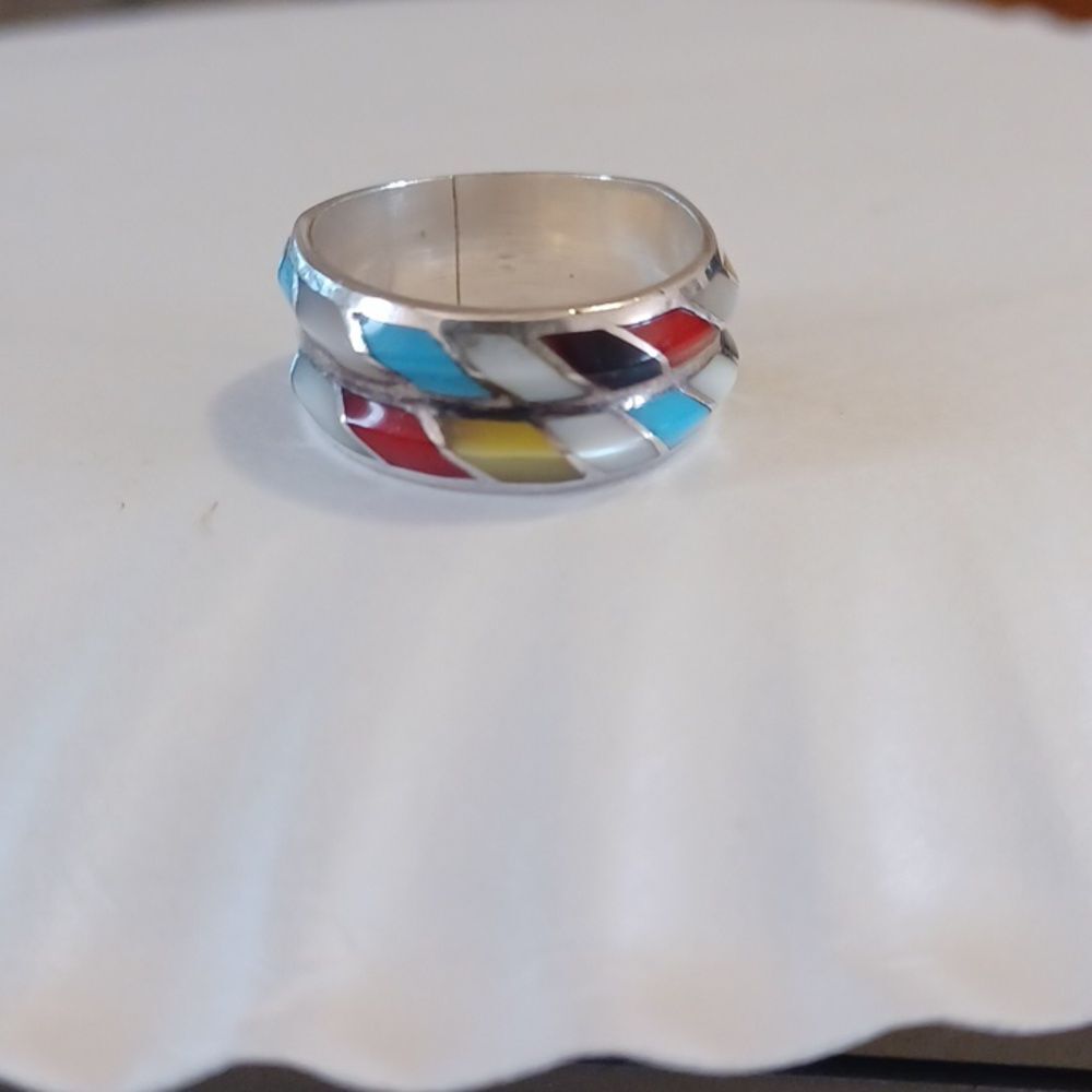 Native American Sterling Silver Zuni Multi Stone Band Ring 9